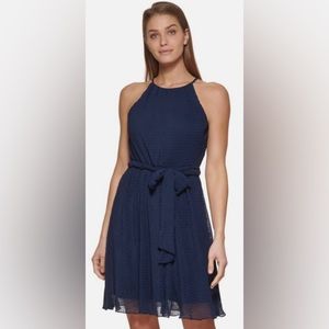 DKNY Women's Textured Navy Sleeveless Halter Belted Dress CL3